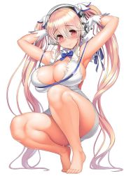 Rule 34 | 1girl, armpits, bare shoulders, blue ribbon, blush, breasts, cleavage, cleavage cutout, closed mouth, clothing cutout, convenient leg, cosplay, dress, full body, gloves, hair between eyes, hair ribbon, headphones, hestia (danmachi), hestia (danmachi) (cosplay), large breasts, long hair, looking at viewer, nitroplus, pink eyes, pink hair, rei no himo, ribbon, simple background, skindentation, solo, squatting, super sonico, sweat, tsuji santa, twintails, very long hair, white background, white dress, white gloves, white ribbon