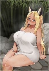 Rule 34 | 1girl, absurdres, animal ear fluff, animal ears, arm support, blonde hair, blush, border, breasts, character request, clenched hands, closed mouth, cobblestone, commentary request, copyright request, feet out of frame, hair over shoulder, head tilt, highres, huge breasts, ichika (ichika manga), jitome, looking at viewer, naked towel, outline, sanpaku, sitting, solo, sweat, thick thighs, thighs, towel