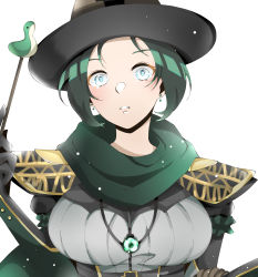Rule 34 | 1girl, absurdres, animification, apex legends, arm strap, armor, belt, blush, breasts, earrings, emerald enchantress wraith, green eyes, green scarf, green skirt, grey belt, hat, head tilt, highres, holding, holding wand, jewelry, juliet sleeves, long sleeves, looking at viewer, medium breasts, necklace, nessie (respawn), official alternate costume, parted lips, pauldrons, puffy sleeves, sakuratsuki (sa 0727 ), scarf, shoulder armor, skirt, solo, wand, white background, witch, witch hat, wraith (apex legends)