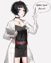 Rule 34 | 1girl, black choker, black dress, black hair, breasts, choker, cleavage, clipboard, coat, cowboy shot, dress, english text, gloves, godekasu, green eyes, hand up, highres, holding, holding syringe, lab coat, large breasts, looking at viewer, medium breasts, name tag, open clothes, open coat, parted lips, persona, persona 5, short dress, simple background, solo, spiked choker, spikes, spread legs, standing, syringe, takemi tae, white background, white gloves