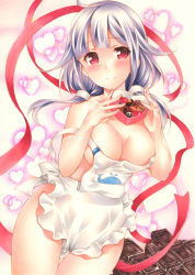 Rule 34 | 1girl, animal print, apron, blush, breasts, chocolate, fish print, hair flaps, heart, highres, holding, kantai collection, large breasts, long hair, low twintails, marker (medium), naked apron, off shoulder, purple hair, red eyes, ribbon, saya pr, smile, solo, taigei (kancolle), traditional media, twintails, valentine, whale print, white apron