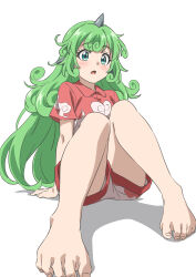 1girl aqua_eyes arm_support bare_arms bare_legs barefoot cloud_print collared_shirt commentary curly_hair feet foot_focus full_body green_hair gyouza_(mhea5724) highres horns kariyushi_shirt komainu_ears komano_aunn light_blush long_hair looking_ahead open_mouth red_shirt red_trim shadow shirt short_sleeves shorts simple_background single_horn sitting solo toes touhou very_long_hair white_background