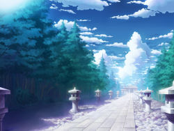 Rule 34 | aoha (twintail), cloud, day, female focus, forest, myouren temple, nature, no humans, path, perspective, road, scenery, sky, stone lantern, temple, touhou, tree, vanishing point