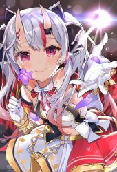 Rule 34 | 1girl, black ribbon, blush, closed mouth, crying, crying with eyes open, fang, fang out, flower, gloves, hair ornament, hair ribbon, highres, holding, holding flower, hololive, horn ornament, horn ribbon, horns, idol, idol clothes, long hair, looking at viewer, multicolored hair, nakiri ayame, name connection, nana kagura, navel, object namesake, official alternate costume, oni, petals, reaching, reaching towards viewer, red eyes, red hair, ribbon, silver hair, skin-covered horns, skin fang, skirt, smile, solo, streaked hair, tears, virtual youtuber, white gloves, white skirt