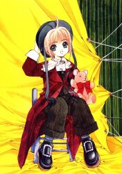 Rule 34 | 1990s (style), 1girl, :d, cardcaptor sakura, clamp (circle), coat, hand on headwear, holding, holding stuffed toy, kinomoto sakura, light brown hair, looking at viewer, official alternate costume, official art, open mouth, photo shoot, red coat, retro artstyle, short hair, smile, solo, stuffed animal, stuffed toy, teddy bear