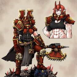 Rule 34 | 1girl, abs, adepta sororitas, adeptus astartes, armor, axe, breasts, chain axe, chainmail, chaos (warhammer), cleavage, fake horns, helmet, highres, horned helmet, horns, large breasts, loincloth, looking at viewer, looking to the side, muscular, muscular female, octosoup, pointy ears, power armor, red eyes, red hair, short hair, skull, solo, tank top, ultramarines, warhammer 40k