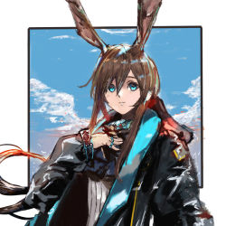 Rule 34 | 1girl, amiya (arknights), animal ears, arknights, black coat, blue background, blue eyes, border, brown hair, closed mouth, coat, hair between eyes, hand on own chest, jewelry, kdm (ke dama), long sleeves, looking at viewer, multiple rings, open clothes, open coat, rabbit ears, ring, solo, white border
