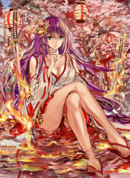 Rule 34 | 1girl, bare legs, bell, blue eyes, breasts, cherry blossoms, cleavage, fire, hair bell, hair ornament, hand on own chin, japanese clothes, jingle bell, katana, lantern, large breasts, crossed legs, long hair, looking at viewer, nagata ozu, original, partially submerged, purple hair, reflection, sitting, slippers, soaking feet, solo, sword, water, weapon