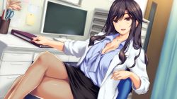 Rule 34 | 1girl, absurdres, amagi ryou, black hair, black skirt, blush, boku to joi no shinsatsu nisshi, breasts, brown eyes, chair, cleavage, computer, crossed legs, curtains, female focus, game cg, head tilt, highres, indoors, jewelry, keyboard (computer), lab coat, large breasts, legs, light blush, long hair, looking at viewer, mole, mole on breast, monety, monitor, necklace, open mouth, original, pantyhose, scissors, sitting, skirt, smile, solo, table, thighs