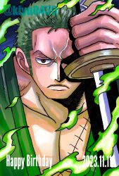 Rule 34 | 1boy, close-up, closed mouth, green hair, green kimono, happy birthday, highres, holding, holding sword, holding weapon, japanese clothes, kimono, kiyu (zuyu), looking at viewer, male focus, one piece, roronoa zoro, sideburns, smoke, solo, sword, twitter username, v-shaped eyebrows, weapon