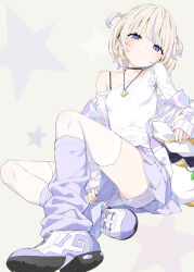 Rule 34 | 1girl, arm between legs, bare shoulders, blonde hair, bra strap, breasts, choker, commentary request, dot nose, expressionless, grey background, head tilt, highres, hololive, hololive dev is, jacket, jewelry, kani biimu, knee up, leg warmers, long sleeves, looking at viewer, miniskirt, multicolored hair, necklace, off-shoulder shirt, off shoulder, open clothes, open jacket, purple eyes, purple footwear, purple skirt, revision, shirt, short hair, short shorts, shorts, shorts under skirt, sitting, skirt, small breasts, solo, streaked hair, thighhighs, todoroki hajime, two side up, virtual youtuber, white jacket, white shirt, white thighhighs