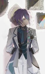 Rule 34 | 1boy, arms behind back, blue hair, closed mouth, collared shirt, curtain call ni sekibetsu wo (project sekai), curtain call ni sekibetsu wo (project sekai), earrings, flower, hair between eyes, highres, iwatnc, jewelry, kamishiro rui, lapels, layered clothes, long sleeves, looking to the side, male focus, notched lapels, pants, picture frame, project sekai, purple hair, shirt, short hair, solo, white pants, yellow eyes