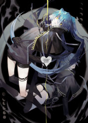 Rule 34 | 2girls, black gloves, black socks, blue hair, capelet, dual persona, gloves, hair between eyes, hatsune miku, heart, kneehighs, long hair, multiple girls, parted lips, rotational symmetry, smile, socks, thighs, twintails, unknown mother goose (vocaloid), very long hair, vocaloid, yamakawa, yellow eyes