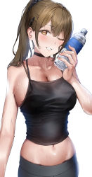 Rule 34 | 1girl, ;d, absurdres, bare arms, bare shoulders, black choker, blush, bottle, breasts, brown eyes, camisole, choker, cleavage, collarbone, cowboy shot, grin, hair ornament, hairclip, highres, holding, holding bottle, idolmaster, idolmaster shiny colors, kuwayama chiyuki, large breasts, long hair, looking at viewer, nipples, one eye closed, open mouth, parted lips, pol winner, ponytail, simple background, smile, solo, stomach, sweat, water bottle, wet, white background