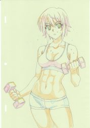 Rule 34 | 1girl, abs, anett hosenfeld, breasts, cleavage, cowboy shot, exercising, green background, green theme, hair between eyes, highres, monochrome, muv-luv, muv-luv alternative, schwarzesmarken, short hair, simple background, solo, sports bra, standing, stomach, underwear, v-shaped eyebrows, weightlifting