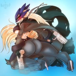 Rule 34 | 1girl, ass, beelstarmon, blonde hair, boots, breasts, cape, digimon, gun, high heel boots, high heels, highres, huge ass, mask, revealing clothes, solo, stiletto boots, stiletto heels, thick thighs, thighs, torn cape, torn clothes, underboob, weapon, wide hips