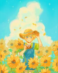 Rule 34 | 1boy, adjusting clothes, adjusting headwear, arm up, artist name, basil (faraway) (omori), basil (omori), blonde hair, blue eyes, blue overalls, blue sky, blush, brown hat, camera, closed mouth, day, flower, green shirt, hair flower, hair ornament, hat, highres, holding, holding camera, kimsugi, looking at viewer, omori, outdoors, overall shorts, overalls, shirt, short hair, short sleeves, sky, smile, solo, sun hat, sunflower