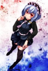 Rule 34 | 1girl, alternate costume, bad id, bad pixiv id, black skirt, black thighhighs, blue hair, braid, breasts, from above, full body, garter straps, highres, izayoi sakuya, long sleeves, looking at viewer, looking up, necktie, pink necktie, pleated skirt, red eyes, short hair, single braid, skirt, smile, solo, standing, striped, thighhighs, thighs, touhou, tsukishiro saika, vertical stripes
