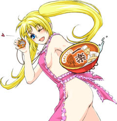 Rule 34 | 1boy, 1girl, ahoge, apron, ass, bare arms, blonde hair, blue eyes, blush, boo!king, bowl, breasts, crossed arms, floating hair, food, frilled apron, frills, genderswap, genderswap (mtf), hand up, happy, hat, heart, holding, instant noodles, japanese text, kanji, long hair, looking to the side, lowres, medium breasts, naked apron, naruko (naruto), naruto, naruto (series), noodles, one eye closed, open mouth, pink apron, ramen, sexy no jutsu, simple background, smile, solo, stopwatch, teuchi (naruto), timer, tongue, translation request, twintails, uzumaki naruto, waitress, walking, watch, white background, wink