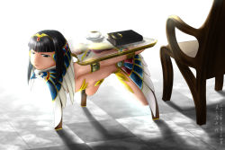 Rule 34 | 1girl, bdsm, black hair, book, egyptian, forniphilia, hair ornament, half-closed eyes, human furniture, masafumi, original, parted lips, restrained, solo, stationary restraints, table