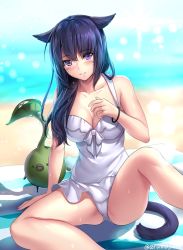 Rule 34 | 10s, 1girl, animal ears, artist name, aruma jiki, bare legs, bare shoulders, beach, beach towel, black hair, blurry, blush, bow, bracelet, breasts, casual one-piece swimsuit, cat ears, cat tail, cleavage, collarbone, creature, day, depth of field, facepaint, final fantasy, final fantasy xiv, horizon, jewelry, light smile, long hair, medium breasts, miqo&#039;te, ocean, one-piece swimsuit, outdoors, parted lips, purple eyes, sand, shore, sitting, swimsuit, tail, teeth, towel, warrior of light (ff14), water, white bow, white one-piece swimsuit
