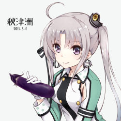Rule 34 | 10s, 1girl, ahoge, akitsushima (kancolle), anchor, armpit cutout, buttons, character name, clothing cutout, colis (regunm772), dated, double-breasted, earrings, eggplant, hair ornament, hair ribbon, jewelry, kantai collection, long hair, looking at viewer, military, military uniform, parted bangs, purple eyes, purple hair, ribbon, side ponytail, sidelocks, simple background, smile, solo, uniform, upper body
