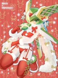Rule 34 | 1boy, androgynous, android, blush, bow, christmas, crossdressing, dated, fur scarf, fur trim, garter belt, gift, gloves, green eyes, sage harpuia (mega man), kneeling, male focus, merry christmas, red background, red bow, red footwear, red gloves, mega man (series), mega man zero (series), santa costume, santa gloves, scarf, scccs2, solo, star (symbol), thighhighs