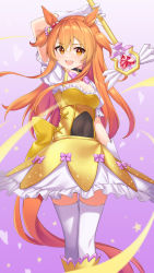 Rule 34 | 1girl, :d, absurdres, alternate costume, animal ears, commentary request, gloves, gradient background, hair between eyes, highres, holding, holding staff, horse ears, horse girl, horse tail, long hair, looking at viewer, magical girl, mayano top gun (umamusume), open mouth, orange eyes, orange hair, pizza (pizzania company), purple background, skirt, smile, solo, staff, standing, tail, thighhighs, thighs, umamusume, white gloves, white thighhighs, yellow skirt, zettai ryouiki