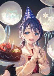 Rule 34 | balloon, birthday, blue eyes, blue hair, dated, happy birthday, highres, link! like! love live!, long sleeves, looking at viewer, love live!, love live! hasu no sora jogakuin school idol club, murano sayaka, open mouth, smile, suito