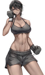 1girl abs absurdres adjusting_clothes adjusting_gloves bare_shoulders biting biting_glove black_gloves black_shorts black_sports_bra blue_eyes boxing_gloves breasts cleavage clenched_hands clenched_teeth collarbone dark-skinned_female dark_skin gloves hair_between_eyes highres large_breasts looking_at_viewer navel original short_hair shorts signature simple_background solo sports_bra stomach teeth thighs toned toned_female yakan_(mihag3000)