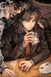 Rule 34 | 2boys, artist name, ashida (joukyou seikatsuroku ichijou), black eyes, black hair, black jacket, black necktie, blazer, brown hair, cigarette, closed eyes, closed mouth, cocktail glass, collared shirt, commentary request, crying, crying with eyes open, cup, dated, drinking glass, expressionless, facial hair, fingernails, fork, formal, grey shirt, hair between eyes, hand on another&#039;s shoulder, holding, holding cup, ice, ice cube, ichijou seiya, jacket, joukyou seikatsuroku ichijou, kaiji, long hair, long sleeves, looking at viewer, male focus, medium bangs, multiple boys, necktie, open mouth, plate, red necktie, shirt, short hair, smile, smoke, smoking, stubble, suit, sunglasses, tears, unknown03162, upper body, white shirt