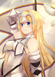 Rule 34 | 1girl, absurdres, armor, armored dress, bare shoulders, bird, birds, blonde hair, blue eyes, breasts, chain, character name, dove, fate/apocrypha, fate/grand order, fate (series), fur trim, gauntlets, hair ornament, headpiece, highres, jeanne d&#039;arc (fate), jeanne d&#039;arc (ruler) (fate), jeanne d&#039;arc (third ascension) (fate), jeanne d&#039;arc alter (fate), long hair, looking at viewer, medium breasts, narulu, smile, solo, upper body, very long hair