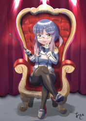 Rule 34 | 1girl, akashieru, bespectacled, black necktie, black pantyhose, buttons, chair, collared shirt, commentary request, cosplay, crossed legs, curtains, double-breasted, epaulettes, glasses, gloves, gradient hair, grey skirt, highres, holding, holding pointer, kantai collection, katori (kancolle), katori (kancolle) (cosplay), looking at viewer, military, military uniform, miniskirt, multicolored hair, necktie, orange hair, pantyhose, pencil skirt, pointer, purple eyes, purple hair, riding crop, rimless eyewear, shirt, short hair with long locks, sidelocks, sitting, skirt, solo, tsushima (kancolle), uniform, white gloves