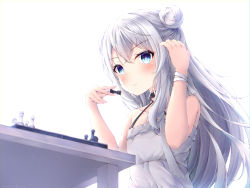 Rule 34 | + +, 1girl, absurdres, azur lane, bare shoulders, blue eyes, blush, board game, chess, chess piece, closed mouth, collarbone, commentary request, criss-cross halter, dress, flat chest, hair between eyes, halterneck, highres, ichizon, korean commentary, le malin (azur lane), le malin (sleepy sunday) (azur lane), long hair, looking at viewer, ribbon, sidelocks, silver hair, simple background, sitting, sleeveless, sleeveless dress, solo, symbol-shaped pupils, table, very long hair, white background, white dress, wrist ribbon