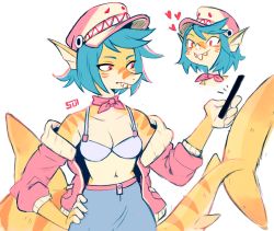 Rule 34 | 1girl, animal ears, bandana, blue hair, blue skirt, bra, breasts, cellphone, cleavage, closed mouth, colored skin, fins, fish tail, furry, furry female, hand on own hip, hand up, hat, head fins, highres, holding, holding phone, jacket, medium breasts, medium hair, multiple views, navel, off shoulder, orange skin, original, phone, pink eyes, pink jacket, sardine (sui (suizilla)), shark girl, shark tail, simple background, skirt, smartphone, standing, striped, striped skin, sui (suizilla), tail, underwear, white background, white bra