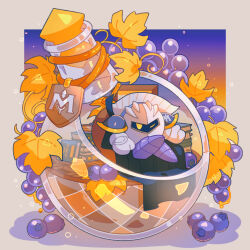 Rule 34 | 1boy, absurdres, armor, autumn leaves, blueberry, book, book stack, border, cape, food, fruit, glef life, gradient background, grey border, highres, kirby (series), mask, meta knight, nintendo, one eye closed, pauldrons, potion, shoulder armor, solo, vial, white cape, yellow eyes