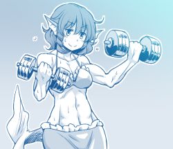 Rule 34 | 1girl, alternate costume, animal ears, bikini, blue theme, dra (area-s), drill hair, exercise, fins, head fins, japanese clothes, kimono, mermaid, monochrome, monster girl, muscular, short hair, smile, solo, swimsuit, toned, touhou, underwater, wakasagihime, weightlifting