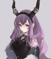 1girl absurdres arknights bare_shoulders black_hairband black_horns black_shirt closed_mouth commentary crossed_bangs grey_background hairband highres horns long_hair looking_at_viewer o-ring pink_eyes purple_hair shirt shouga_chahan simple_background sketch sleeveless sleeveless_shirt solo typhon_(arknights) upper_body