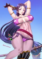 Rule 34 | 1girl, absurdres, arm guards, armor, arms behind head, arms up, belt, bikini, blue background, breasts, choker, collarbone, commentary request, fate/grand order, fate (series), gradient background, highres, large breasts, lips, looking at viewer, minamoto no raikou (fate), minamoto no raikou (fate/grand order), minamoto no raikou (swimsuit lancer) (fate), minamoto no raikou (swimsuit lancer) (third ascension) (fate), navel, parted bangs, parted lips, purple bikini, purple eyes, purple hair, saruchitan, shiny clothes, shiny skin, solo, stomach, swimsuit, thighs