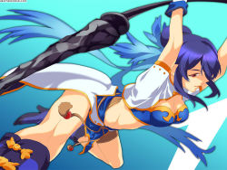 Rule 34 | 1girl, akiyoshi haru, bandai namco, blue background, blue footwear, blue hair, blue shirt, blue skirt, boots, breasts, cleavage, gloves, hair bun, high heels, holding, judith (tales), lance, large breasts, polearm, red eyes, running, shirt, single hair bun, skirt, source request, strapless, tales of (series), tales of vesperia, tube top, weapon, white gloves
