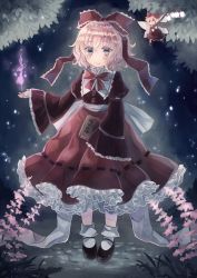 Rule 34 | 1girl, arm garter, black footwear, blonde hair, blush, bobby socks, book, bow, bowtie, brooch, doll, dress, flower, frilled ribbon, frills, full body, green eyes, hair bow, highres, holding, holding book, jewelry, juliet sleeves, lily of the valley, long sleeves, looking at viewer, mary janes, medicine melancholy, miyakure, petticoat, puffy sleeves, red bow, red bowtie, red dress, ribbon, sash, shoes, short hair, smile, socks, solo, su-san, touhou, white socks, wide sleeves