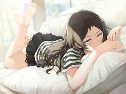 Rule 34 | 1girl, absurdres, bare legs, barefoot, black skirt, blurry, blurry background, blush, brown eyes, brown hair, covered mouth, fed (giba), feet, feet up, half-closed eyes, highres, idolmaster, idolmaster million live!, idolmaster million live! theater days, kitazawa shiho, light particles, long hair, looking at viewer, lying, on stomach, parted bangs, pillow, shirt, sidelocks, skirt, solo, striped clothes, striped shirt, stuffed animal, stuffed toy, sunlight, the pose, tsurime, window