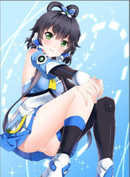 Rule 34 | black hair, green eyes, luo tianyi, no panties, nude filter, pussy, smile, third-party edit, uncensored, vocaloid