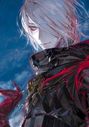 1boy black_coat blue_sky breath coat colored_skin egawa_akira eyeshadow eyeshadow_under_eye fate/grand_order fate_(series) gloves hair_over_one_eye highres hood karna_(fate) karna_(santa)_(fate) looking_at_viewer makeup male_focus red_eyeshadow red_gloves short_hair sky smile solo upper_body white_hair white_skin