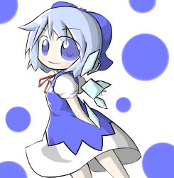 Rule 34 | 1girl, aoblue, arms behind back, blue eyes, blue hair, chibi, cirno, dress, female focus, looking back, matching hair/eyes, short hair, solo, embodiment of scarlet devil, touhou, white background, wings