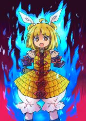 Rule 34 | 1girl, :o, ahoge, armor, armored dress, arms up, black background, blonde hair, bloomers, blue fire, bright pupils, brown eyes, clenched hands, double bun, feet out of frame, fiery background, fire, gradient background, hair bun, hair ribbon, haniwa (statue), joutouguu mayumi, looking at viewer, open mouth, pote (ptkan), puffy short sleeves, puffy sleeves, red background, ribbon, shirt, short hair, short sleeves, solo, standing, touhou, underwear, vambraces, white shirt