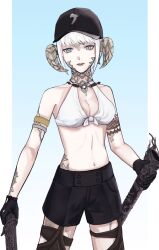 Rule 34 | 1girl, au ra, baseball cap, bikini, black gloves, black hat, black shorts, blue background, blue eyes, breasts, cleavage, cowboy shot, final fantasy, final fantasy xiv, front-tie bikini top, front-tie top, gg dal, gloves, gradient background, hat, highres, holding, holding sword, holding weapon, horns, looking at viewer, medium breasts, monster girl, navel, parted lips, scabbard, scales, sheath, short hair, short shorts, shorts, smile, solo, swimsuit, sword, warrior of light (ff14), weapon, white hair