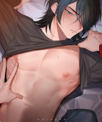 Rule 34 | 1boy, arms up, bed sheet, black hair, blue eyes, blush, closed mouth, clothes lift, collarbone, dotsuco, fingernails, hair over one eye, male focus, navel, nipples, original, shirt lift, solo, sweat, yaoi