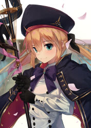 Rule 34 | 1girl, 200f (nifu), absurdres, ahoge, artoria caster (fate), artoria caster (second ascension) (fate), artoria pendragon (all), artoria pendragon (fate), black gloves, blonde hair, blue eyes, blush, buttons, capelet, closed mouth, coat, collared shirt, double-breasted, fate/grand order, fate (series), gloves, hair between eyes, hair ribbon, hat, highres, holding, holding staff, long hair, long sleeves, looking at viewer, petals, ribbon, saber (fate), shirt, smile, solo, staff, twintails, upper body