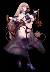 Rule 34 | 1girl, bikini, black background, blonde hair, blue eyes, blunt bangs, bombergirl, breasts, curvy, elbow gloves, flail, garter straps, gloves, half-closed eyes, head tilt, high heels, large breasts, long hair, looking at viewer, navel, revealing clothes, sepia belmont, shiny clothes, skindentation, smile, solo, swimsuit, tail, thighhighs, third-party edit, very long hair, weapon, white gloves, wide hips
